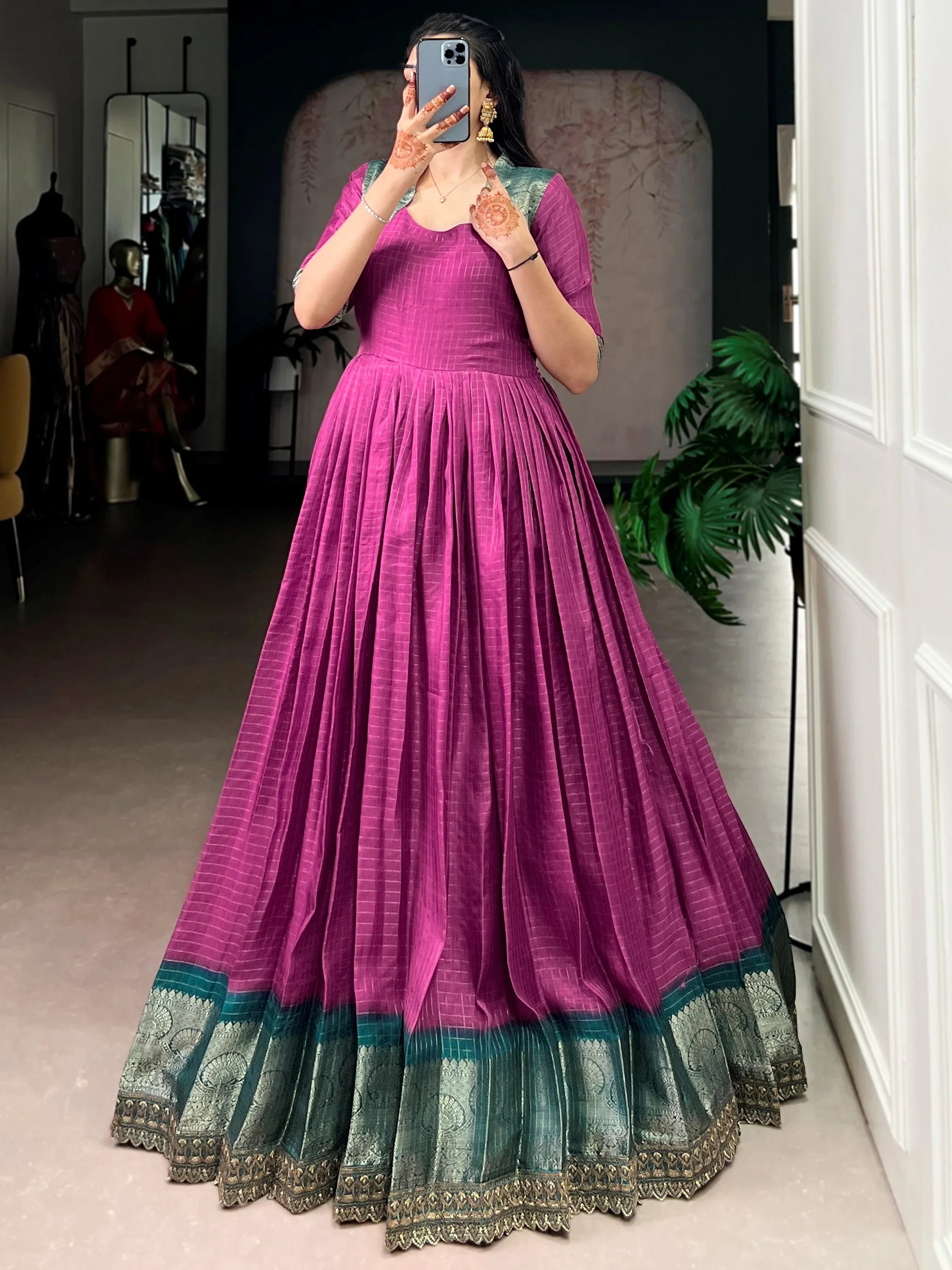 Outstanding Pink Zari Weaving Silk Wedding Wear Gown