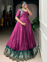 Outstanding Pink Zari Weaving Silk Wedding Wear Gown