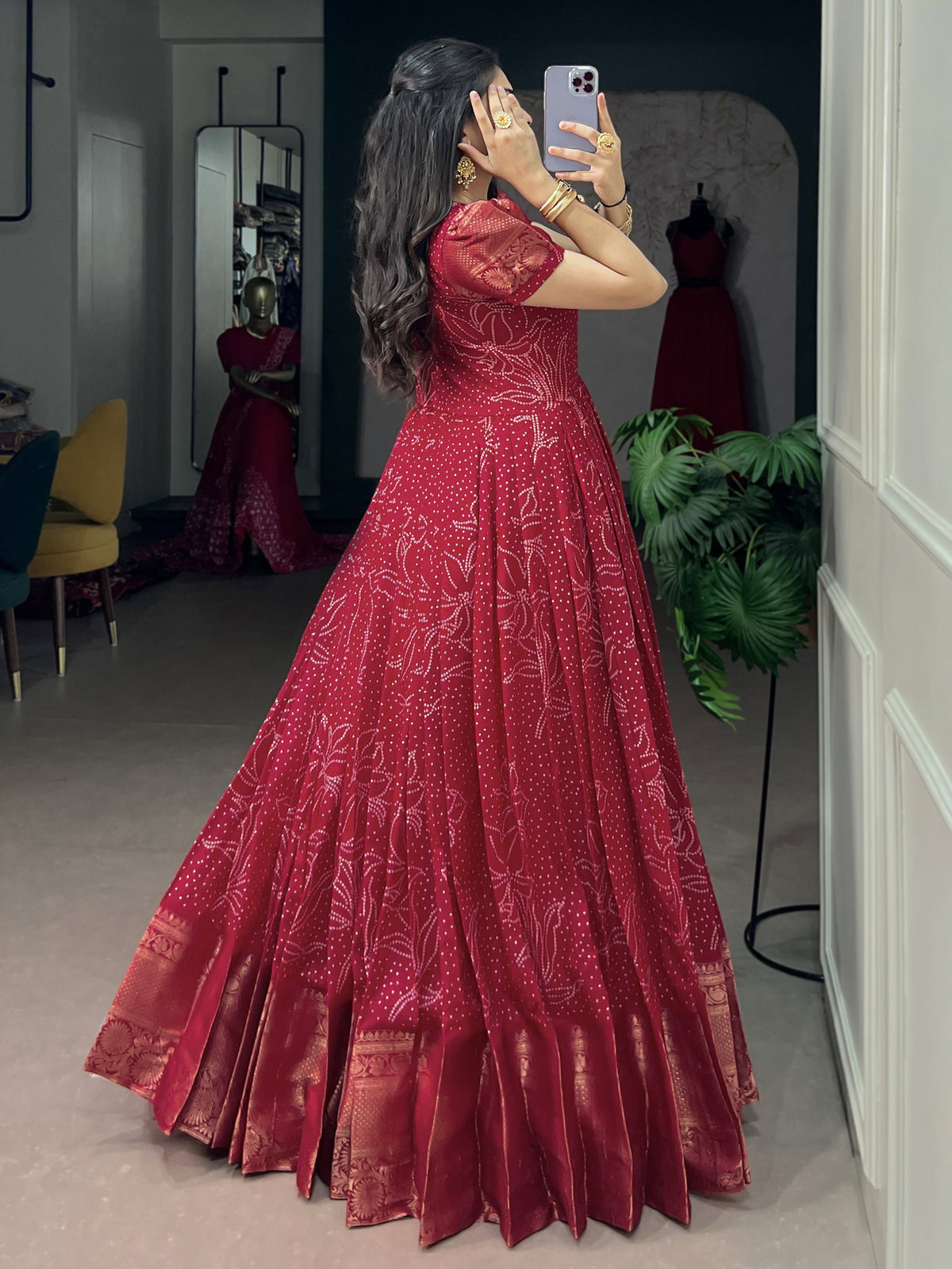 Enchanting Red Bandhej Printed Cotton Marriage Wear Gown