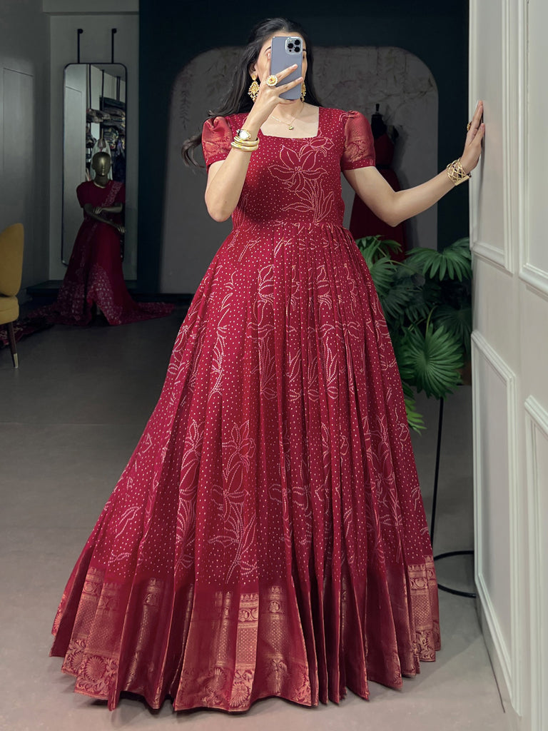 Enchanting Red Bandhej Printed Cotton Marriage Wear Gown