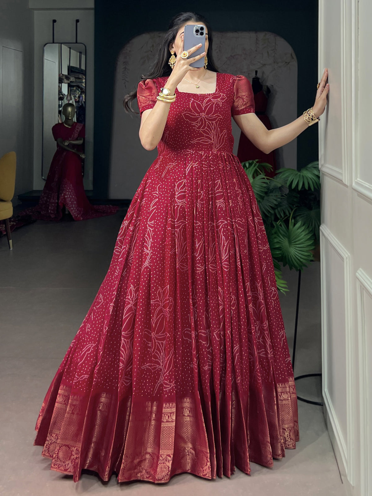 Enchanting Red Bandhej Printed Cotton Marriage Wear Gown