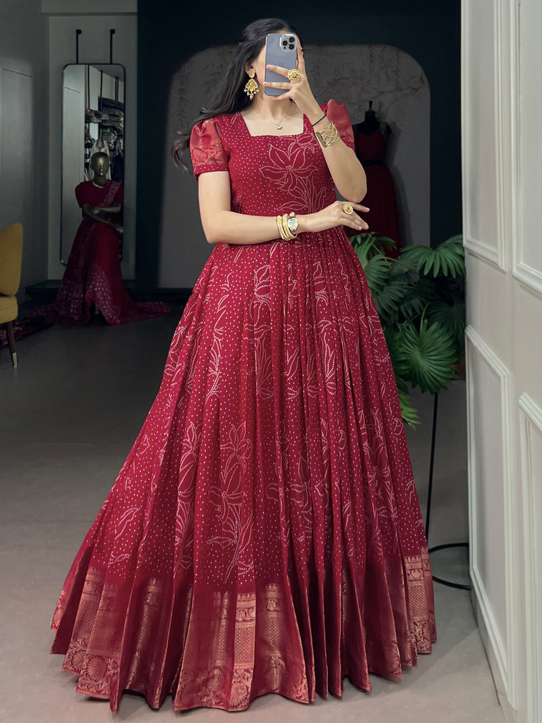 Enchanting Red Bandhej Printed Cotton Marriage Wear Gown