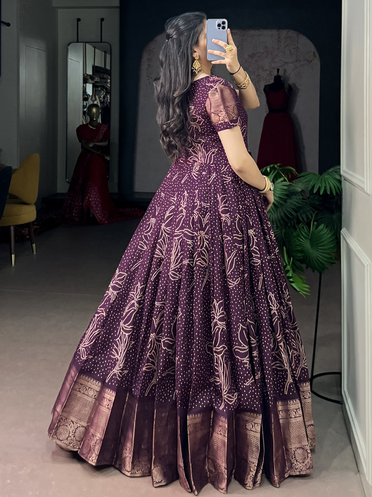 Captivating Wine Bandhej Printed Cotton Festive Wear Gown