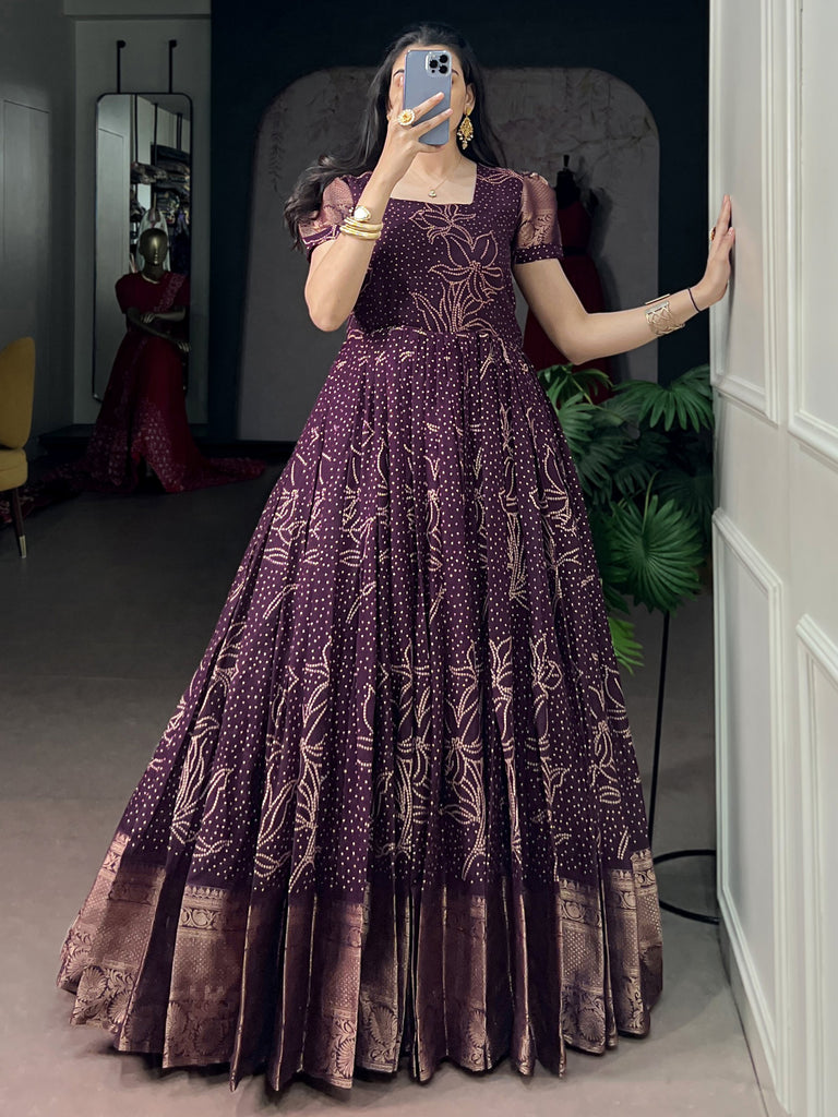 Captivating Wine Bandhej Printed Cotton Festive Wear Gown