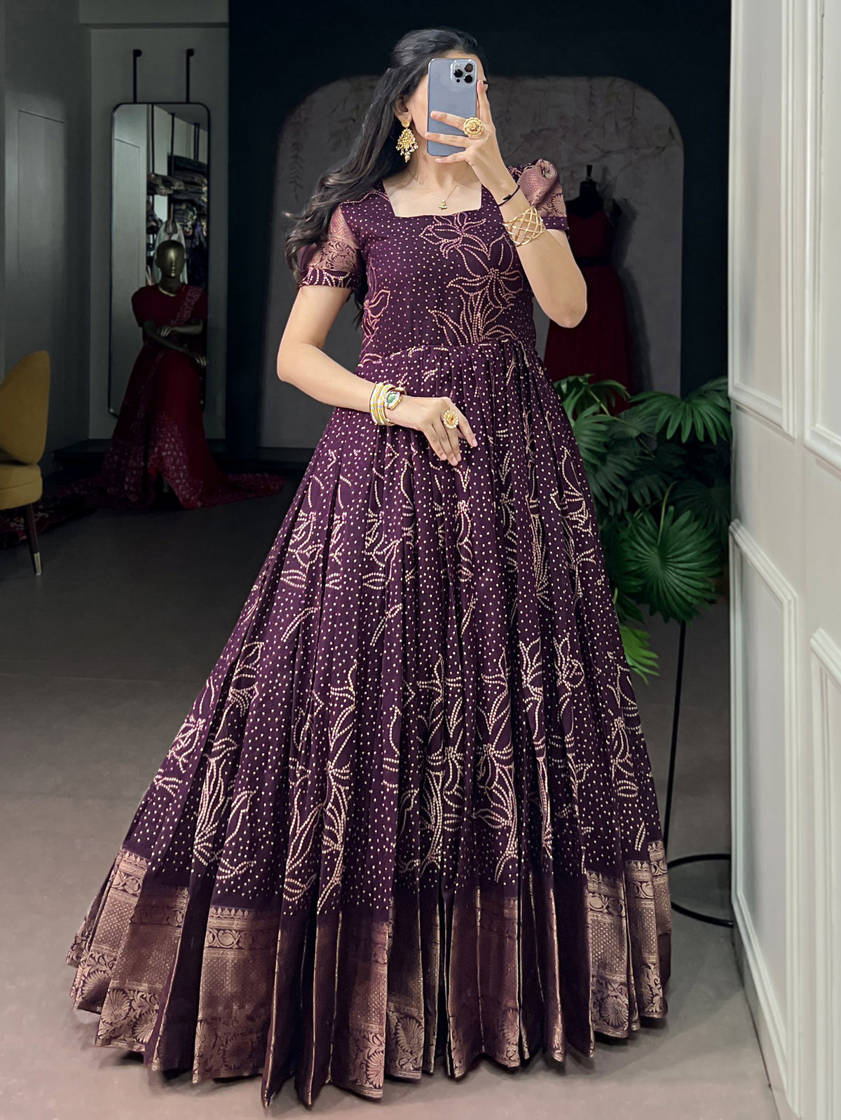 Captivating Wine Bandhej Printed Cotton Festive Wear Gown
