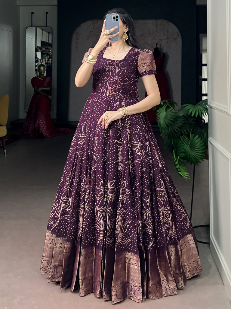 Captivating Wine Bandhej Printed Cotton Festive Wear Gown