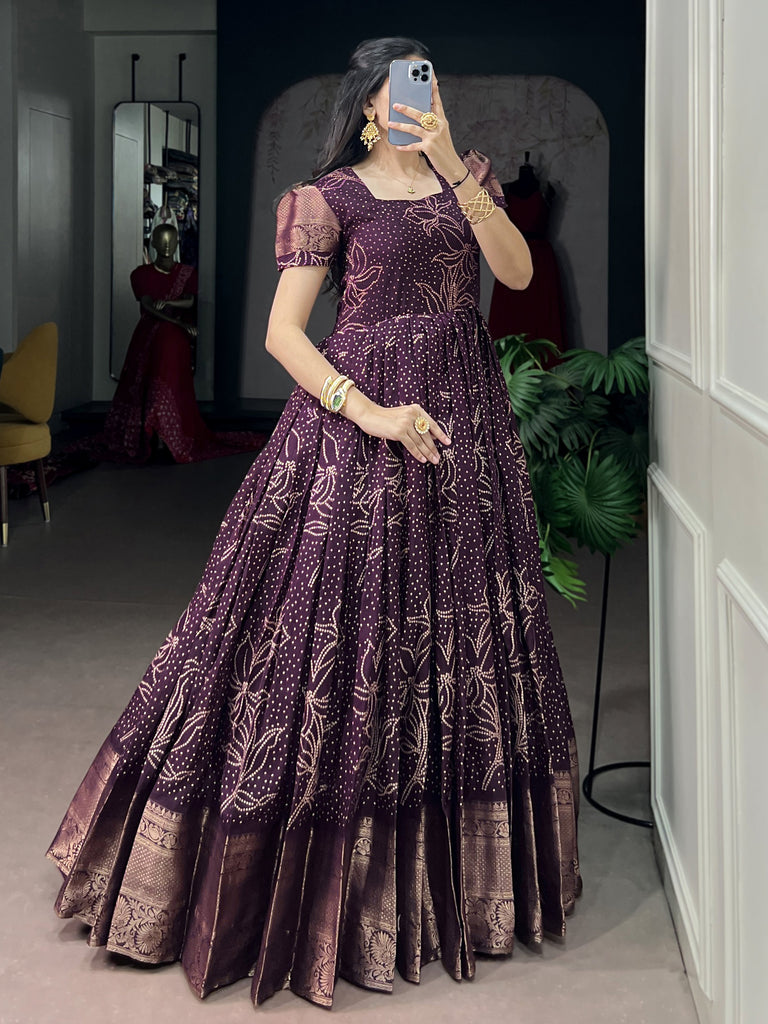 Captivating Wine Bandhej Printed Cotton Festive Wear Gown