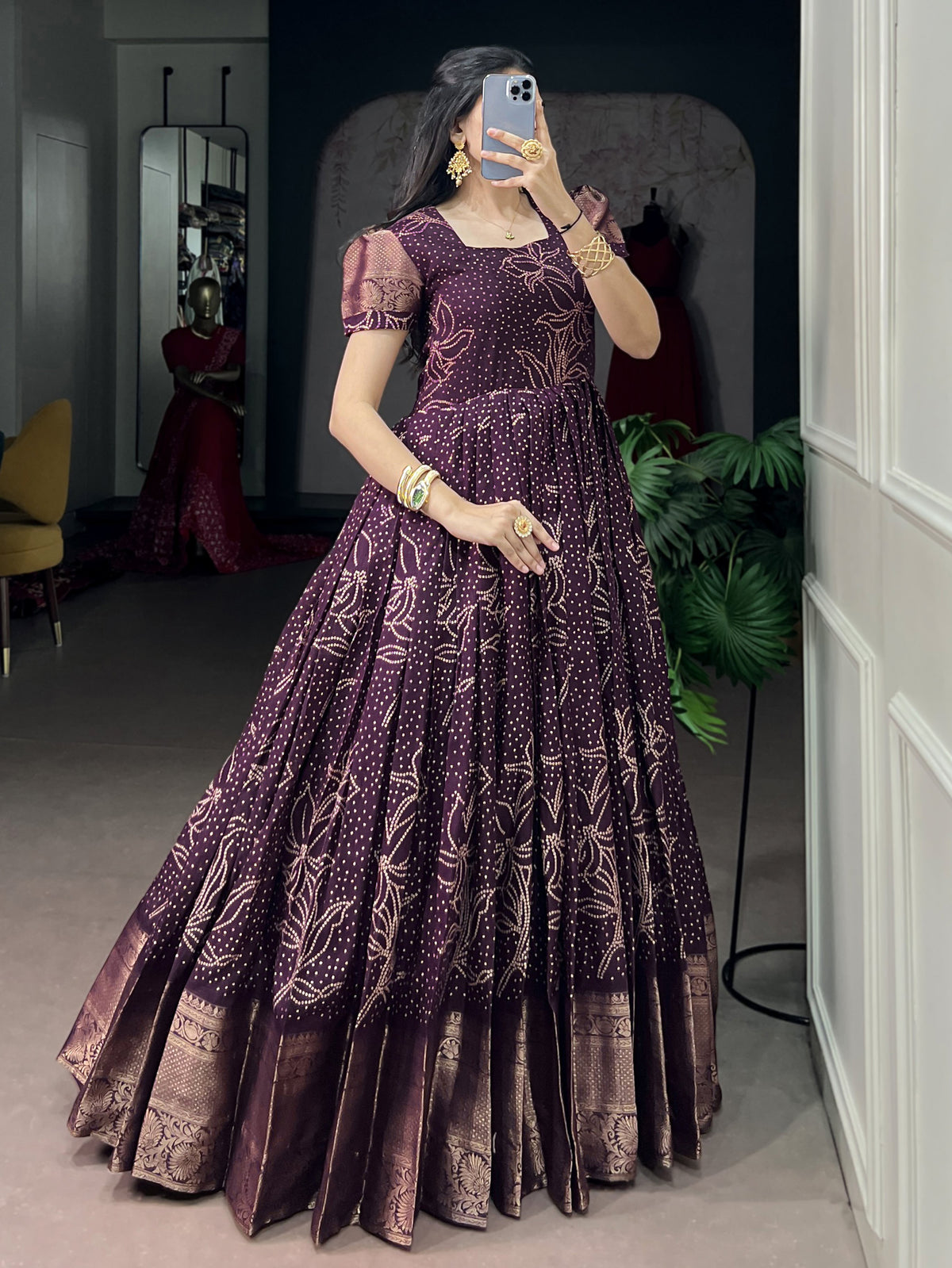 Captivating Wine Bandhej Printed Cotton Festive Wear Gown