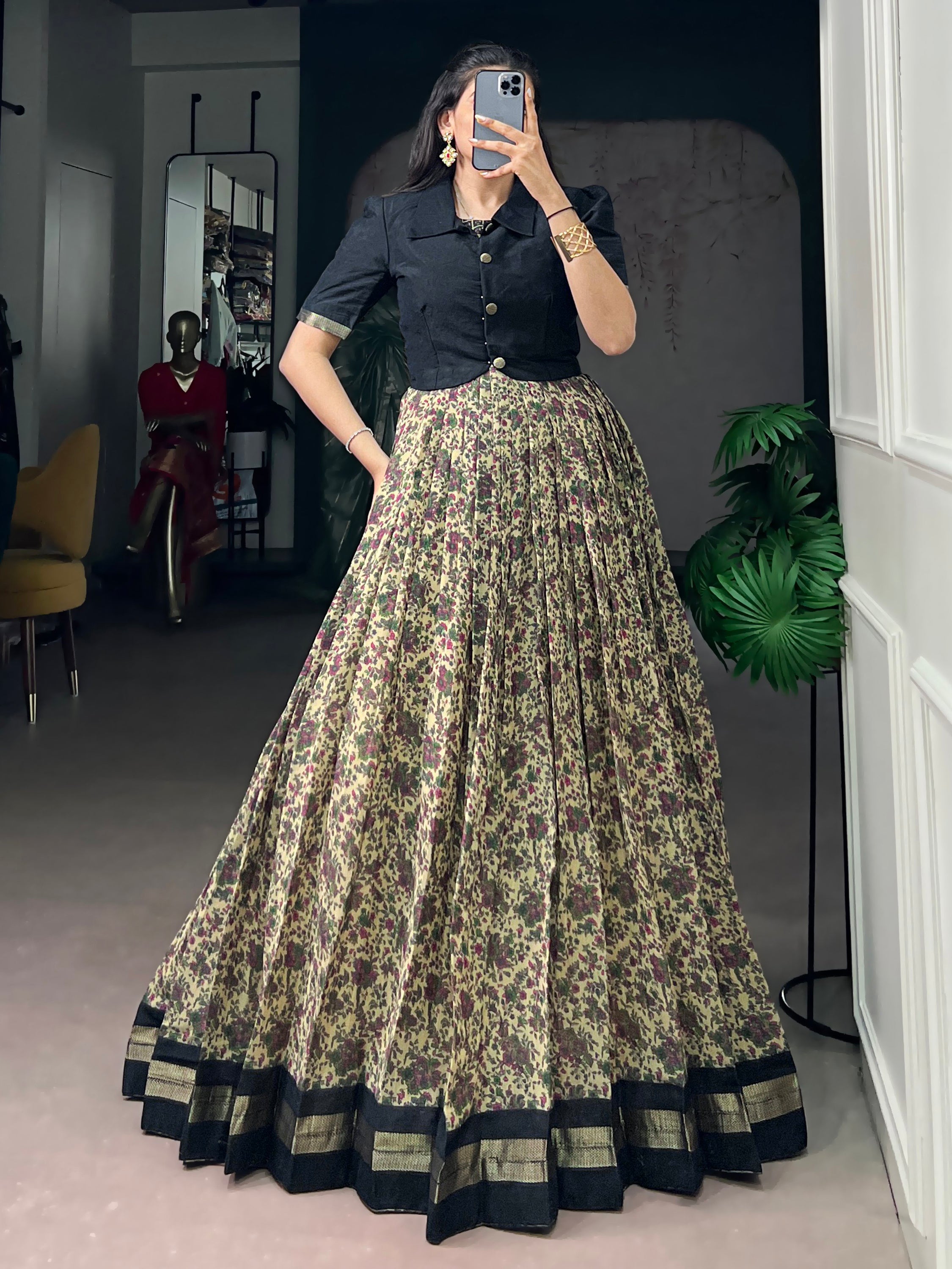 Stunning Black Floral Printed Chanderi Event Wear Gown With Koti