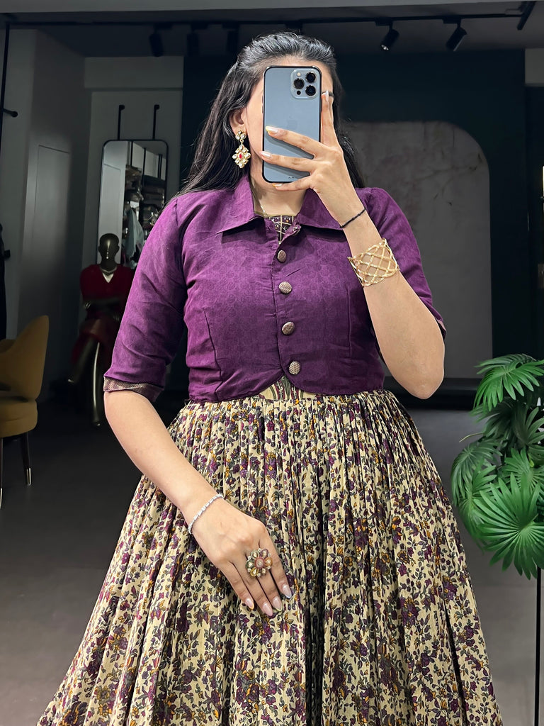 Rich Dark Purple Floral Printed Chanderi Traditional Gown With Koti