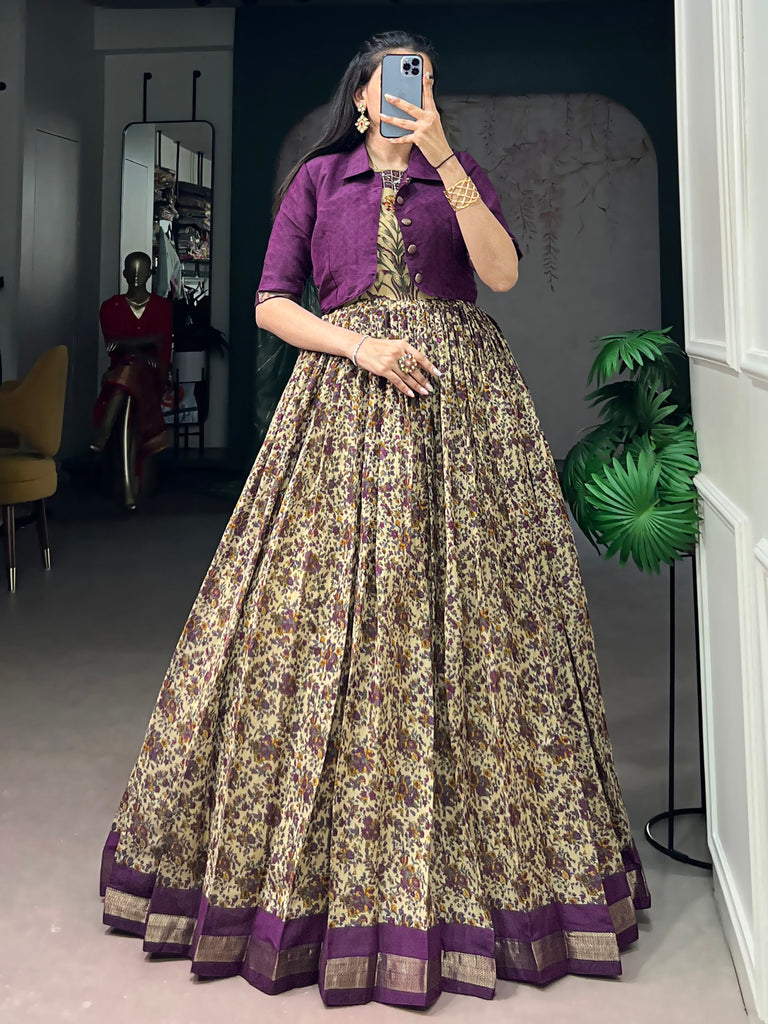 Rich Dark Purple Floral Printed Chanderi Traditional Gown With Koti