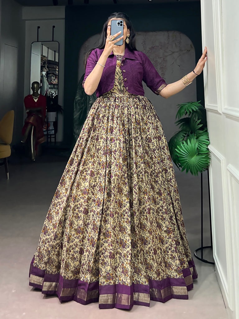 Rich Dark Purple Floral Printed Chanderi Traditional Gown With Koti
