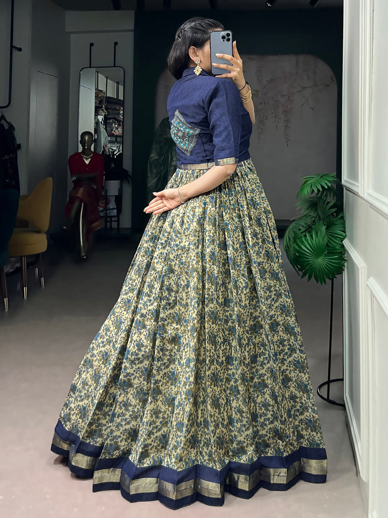 Wonderful Navy Blue Printed Chanderi Marriage Wear Gown With Koti