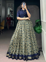 Wonderful Navy Blue Printed Chanderi Marriage Wear Gown With Koti