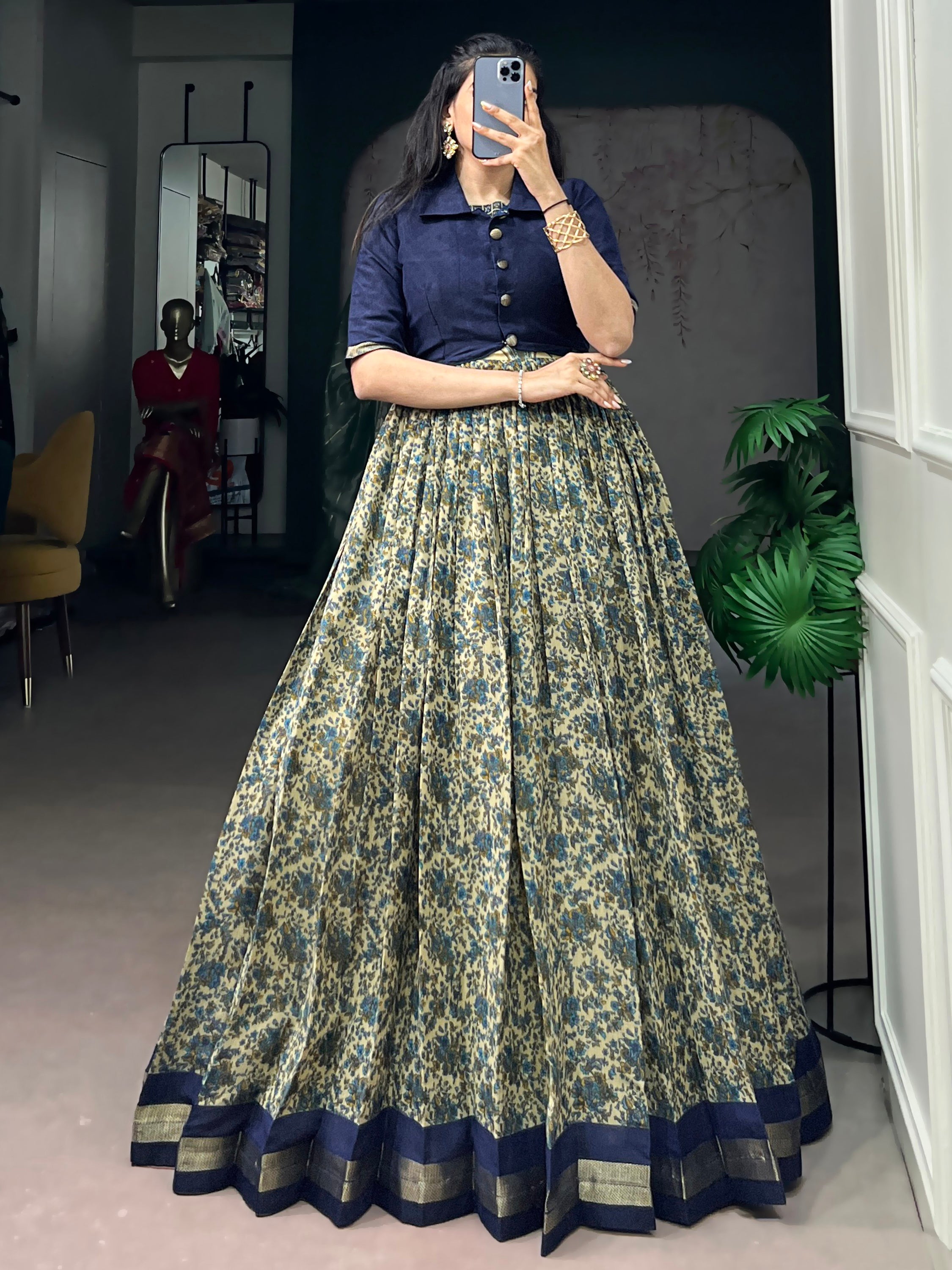 Wonderful Navy Blue Printed Chanderi Marriage Wear Gown With Koti