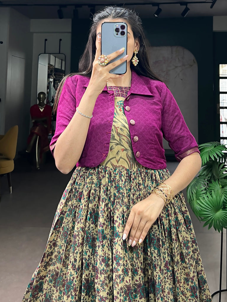 Magnificent Wine Floral Printed Chanderi Festive Wear Gown With Koti