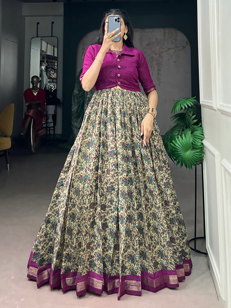 Magnificent Wine Floral Printed Chanderi Festive Wear Gown With Koti