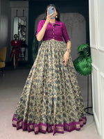 Magnificent Wine Floral Printed Chanderi Festive Wear Gown With Koti