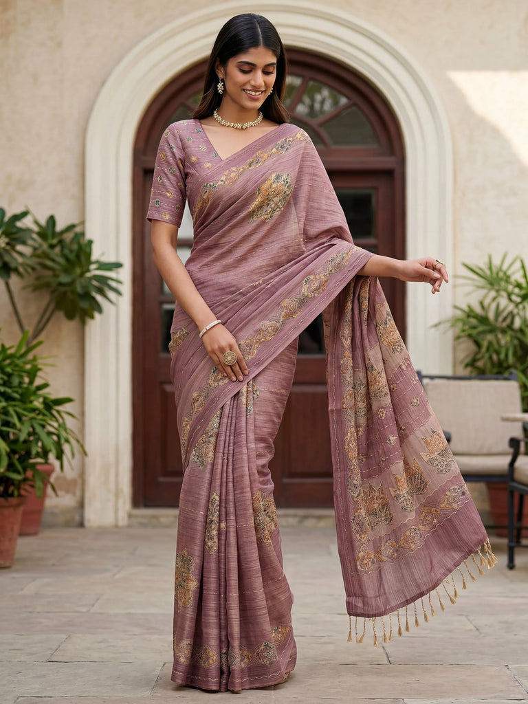 Gorgeous Mauve Dori Work Silk Festive Wear Saree With Blouse
