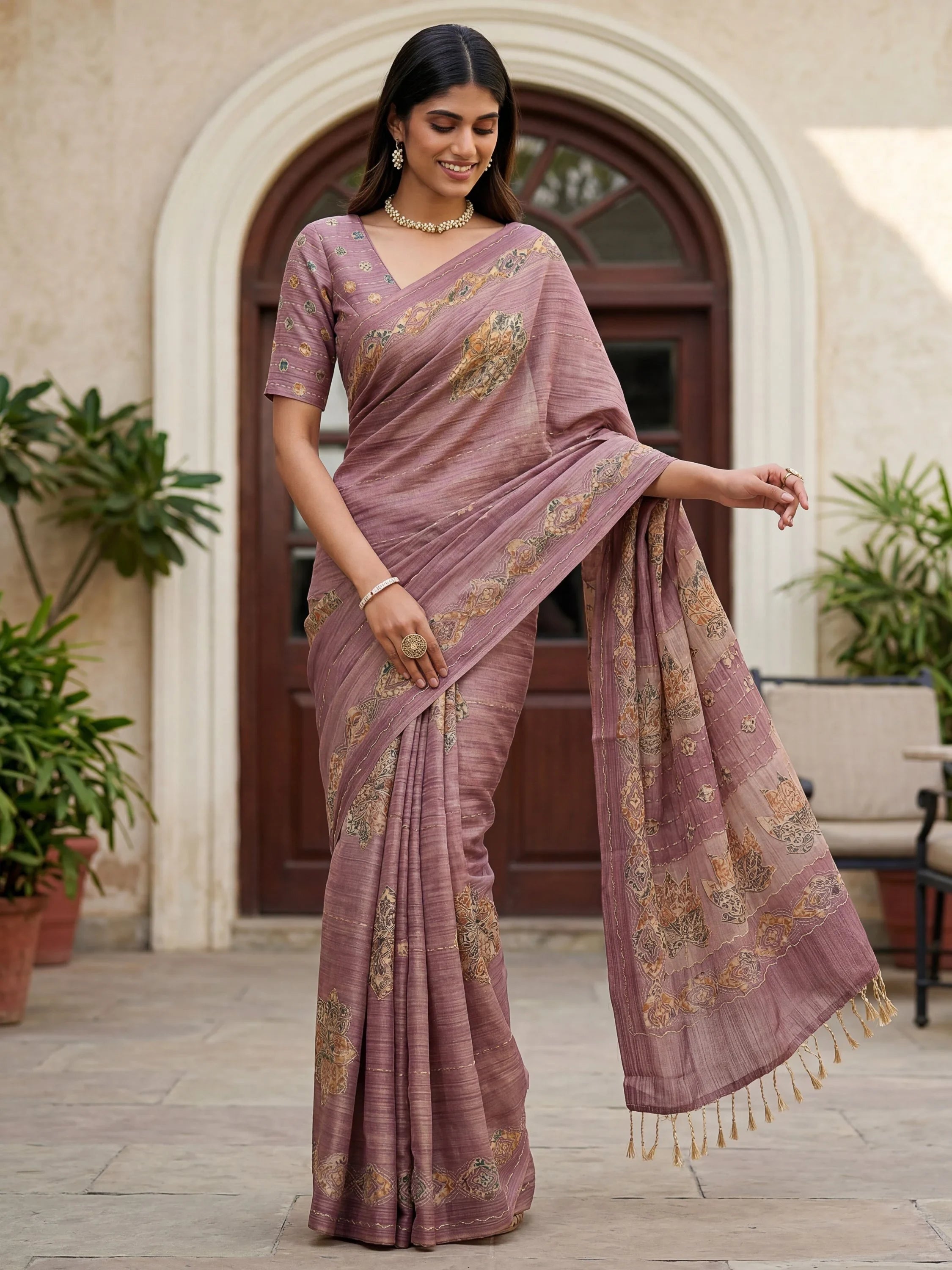 Gorgeous Mauve Dori Work Silk Festive Wear Saree With Blouse