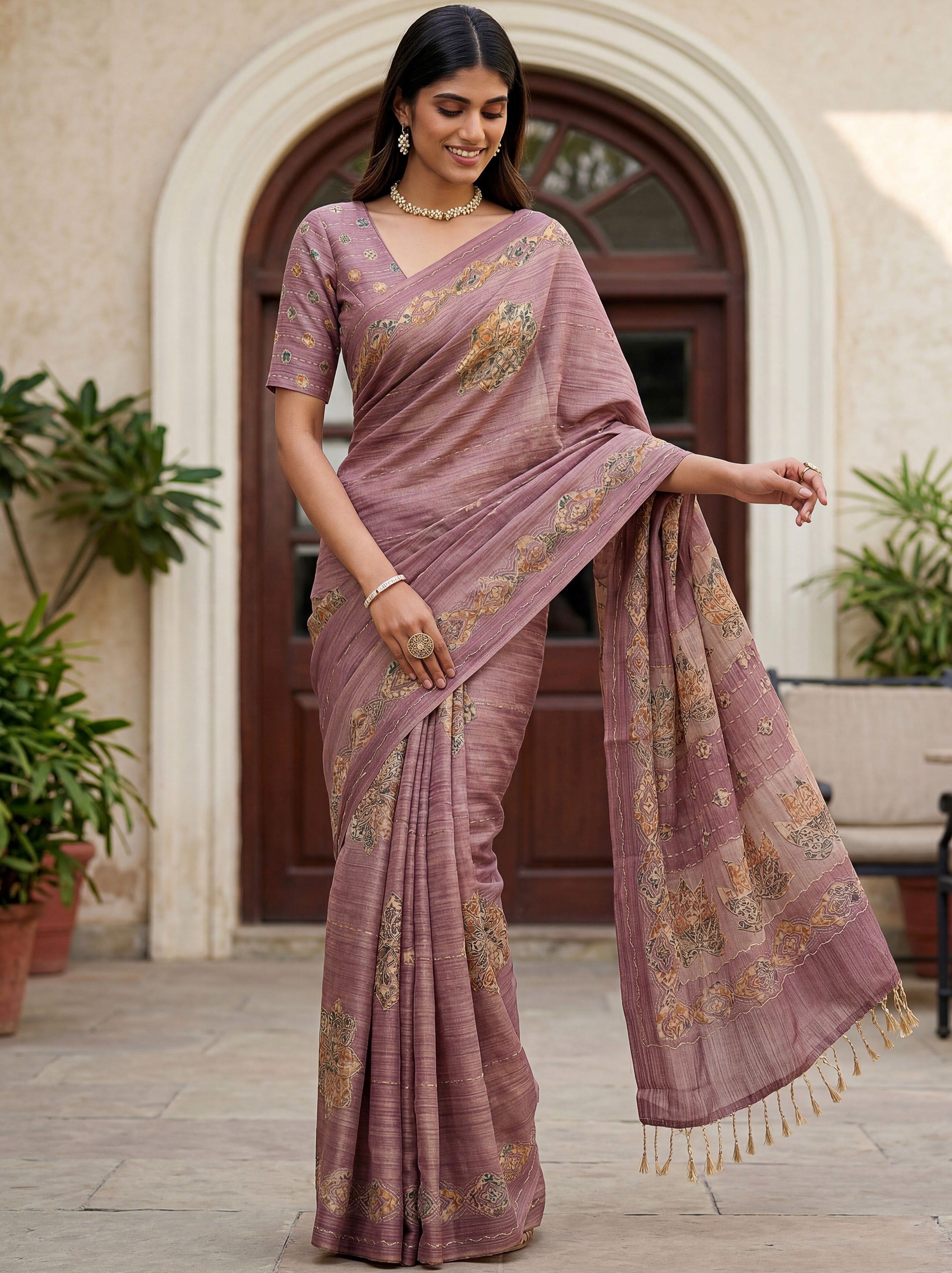 Gorgeous Mauve Dori Work Silk Festive Wear Saree With Blouse