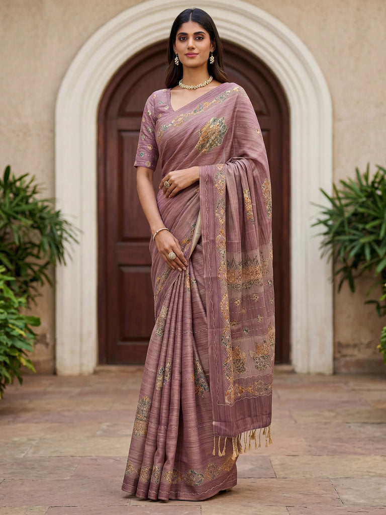 Gorgeous Mauve Dori Work Silk Festive Wear Saree With Blouse