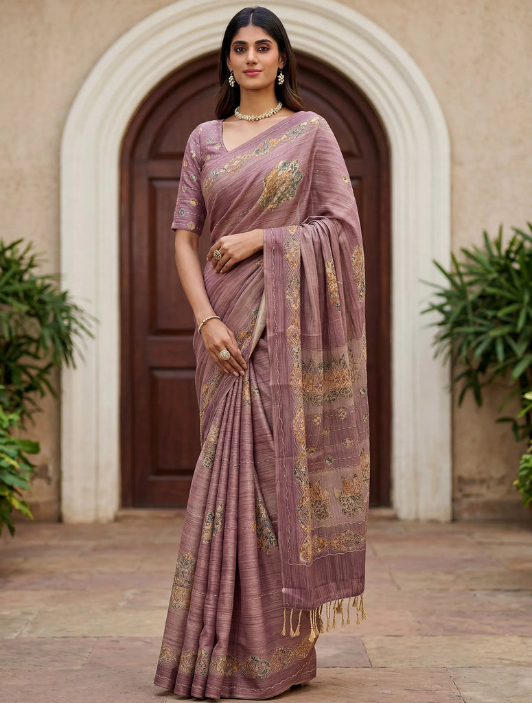 Gorgeous Mauve Dori Work Silk Festive Wear Saree With Blouse