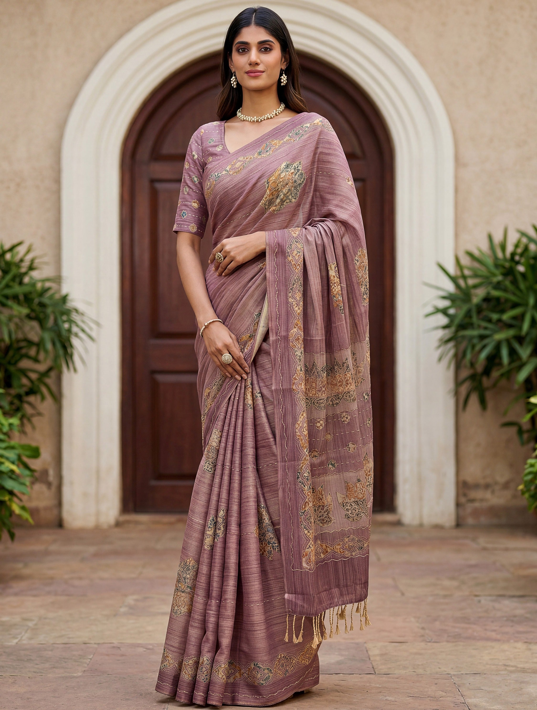 Gorgeous Mauve Dori Work Silk Festive Wear Saree With Blouse