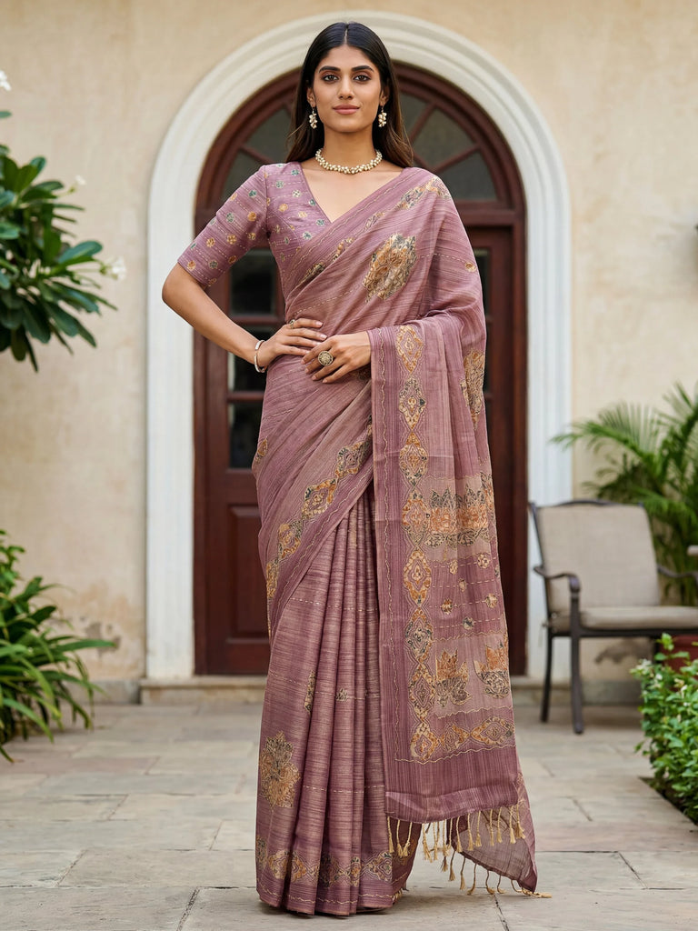 Gorgeous Mauve Dori Work Silk Festive Wear Saree With Blouse