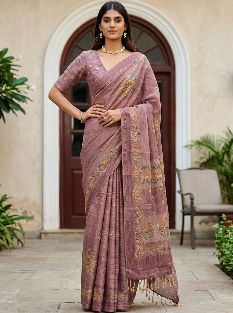 Gorgeous Mauve Dori Work Silk Festive Wear Saree With Blouse