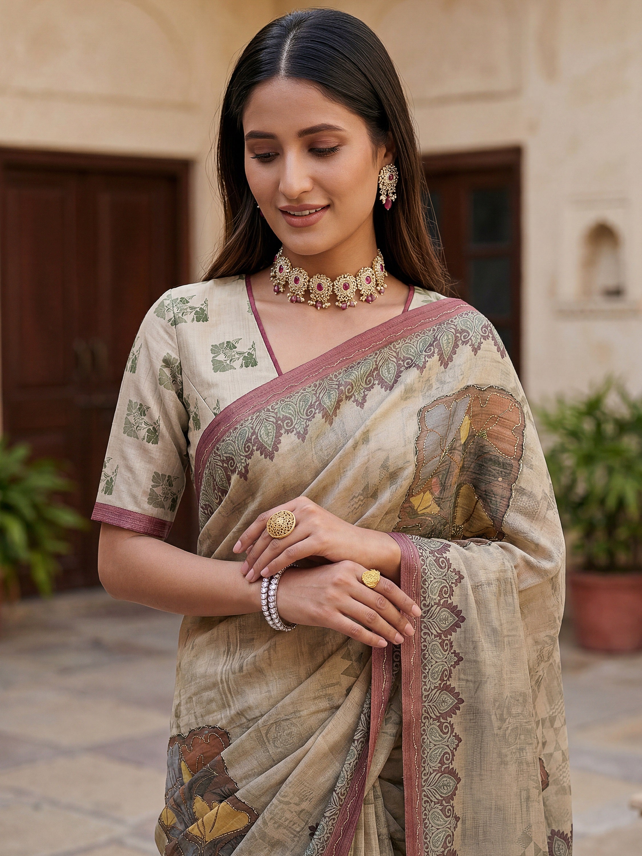 Glowing Beige Digital Printed Silk Festive Wear Saree With Blouse