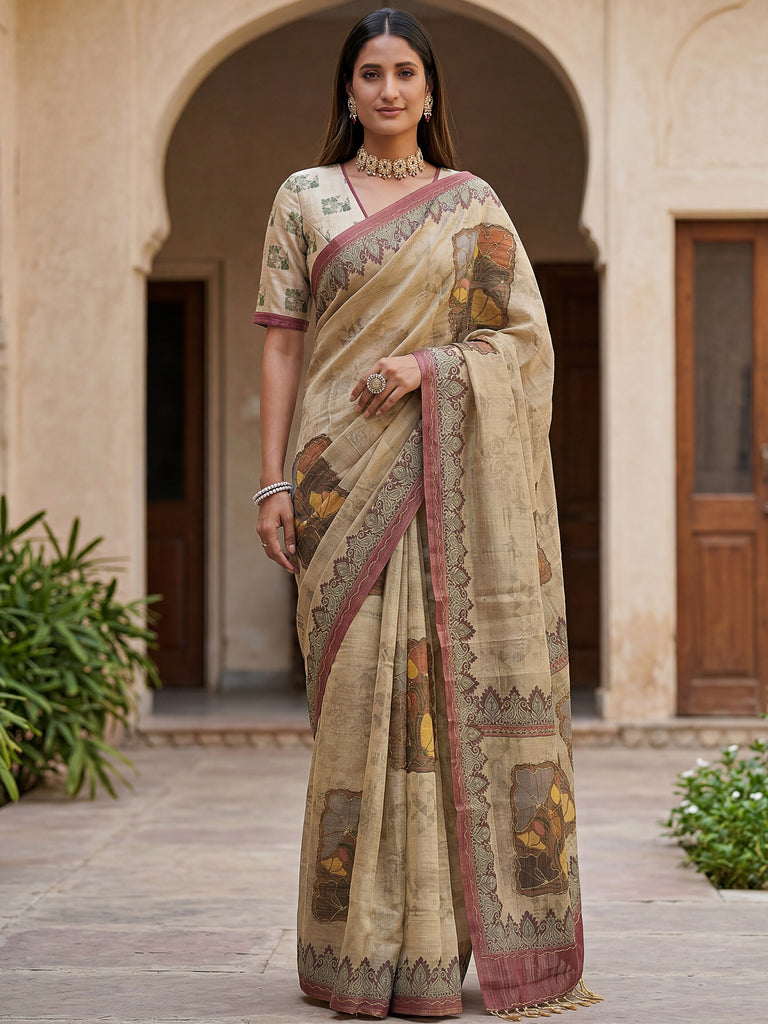 Glowing Beige Digital Printed Silk Festive Wear Saree With Blouse
