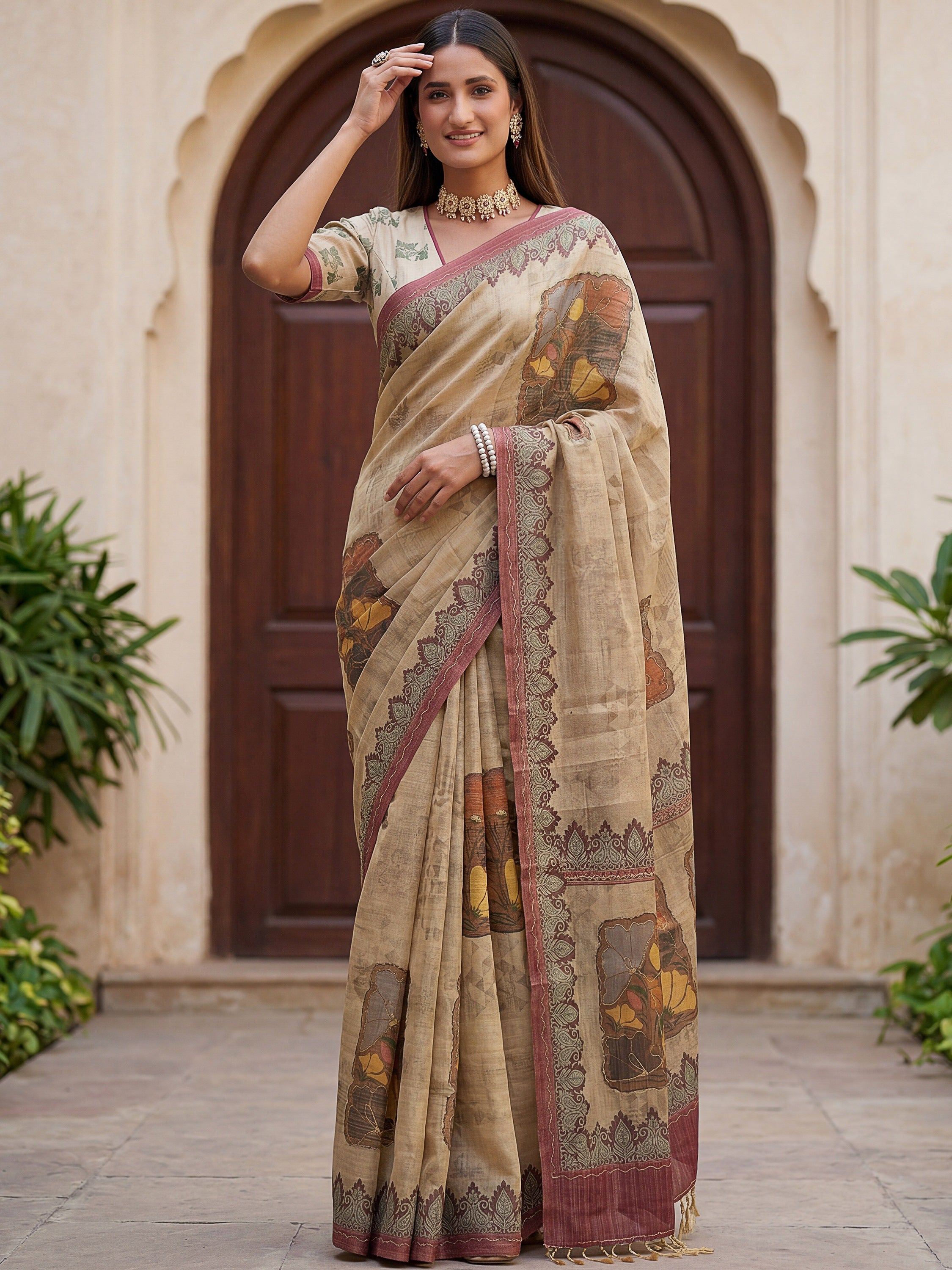 Glowing Beige Digital Printed Silk Festive Wear Saree With Blouse