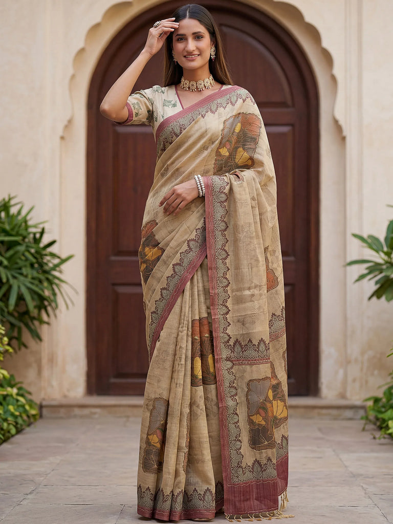 Glowing Beige Digital Printed Silk Festive Wear Saree With Blouse