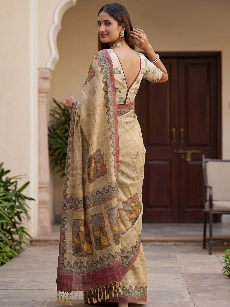Glowing Beige Digital Printed Silk Festive Wear Saree With Blouse