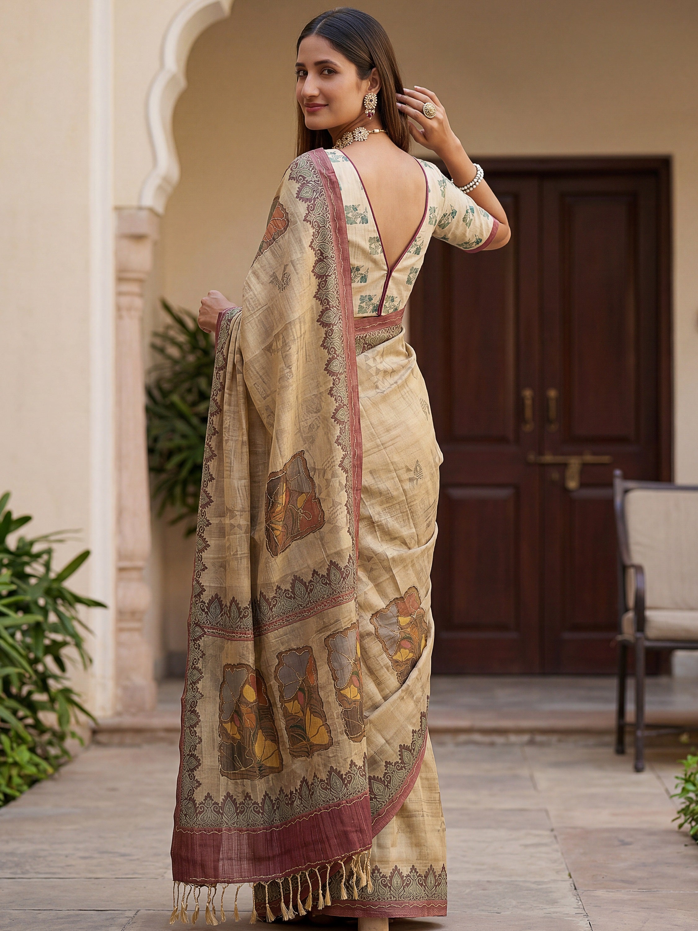 Glowing Beige Digital Printed Silk Festive Wear Saree With Blouse