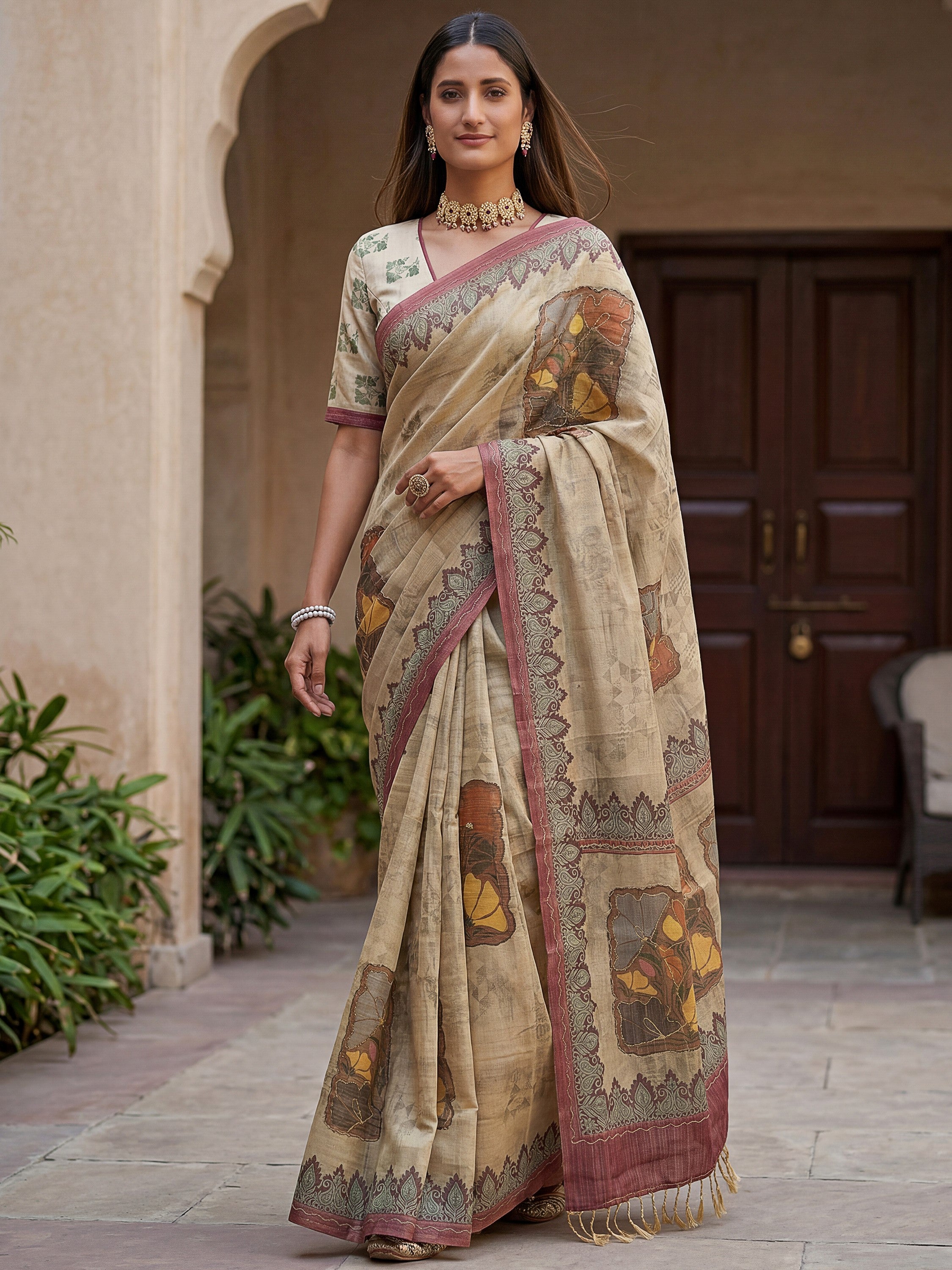 Glowing Beige Digital Printed Silk Festive Wear Saree With Blouse
