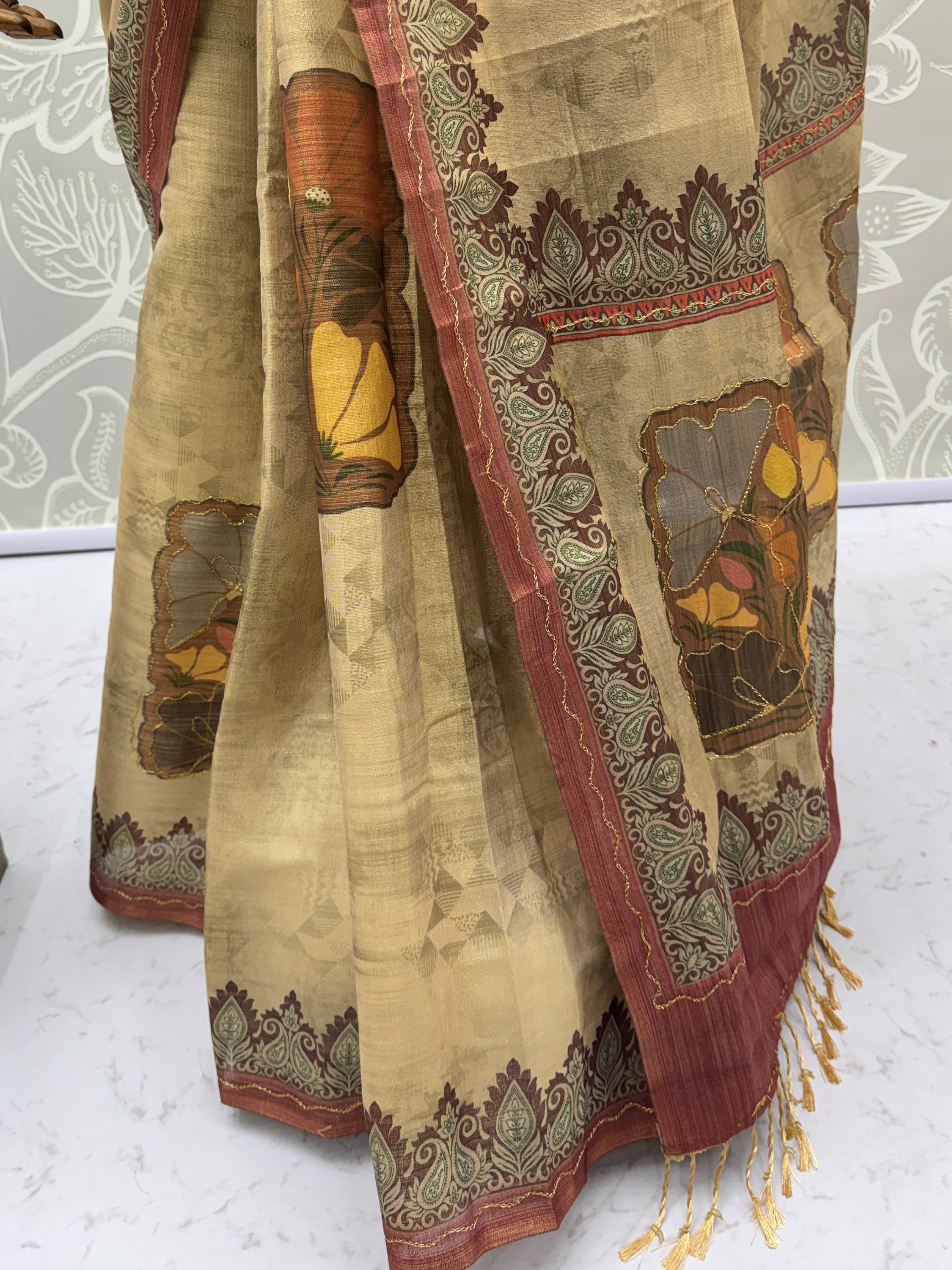 Glowing Beige Digital Printed Silk Festive Wear Saree With Blouse