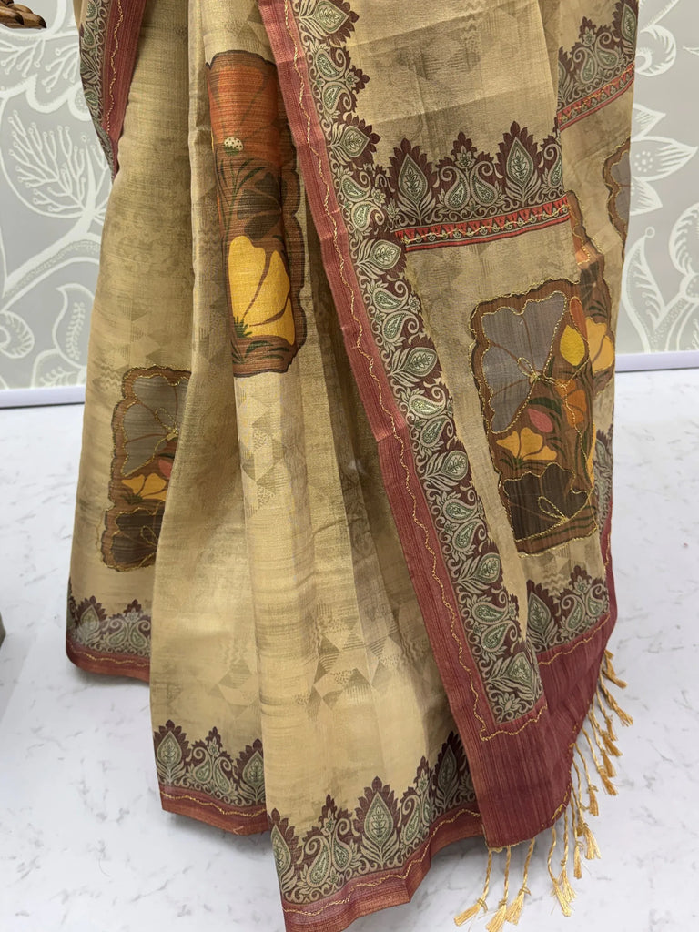 Glowing Beige Digital Printed Silk Festive Wear Saree With Blouse