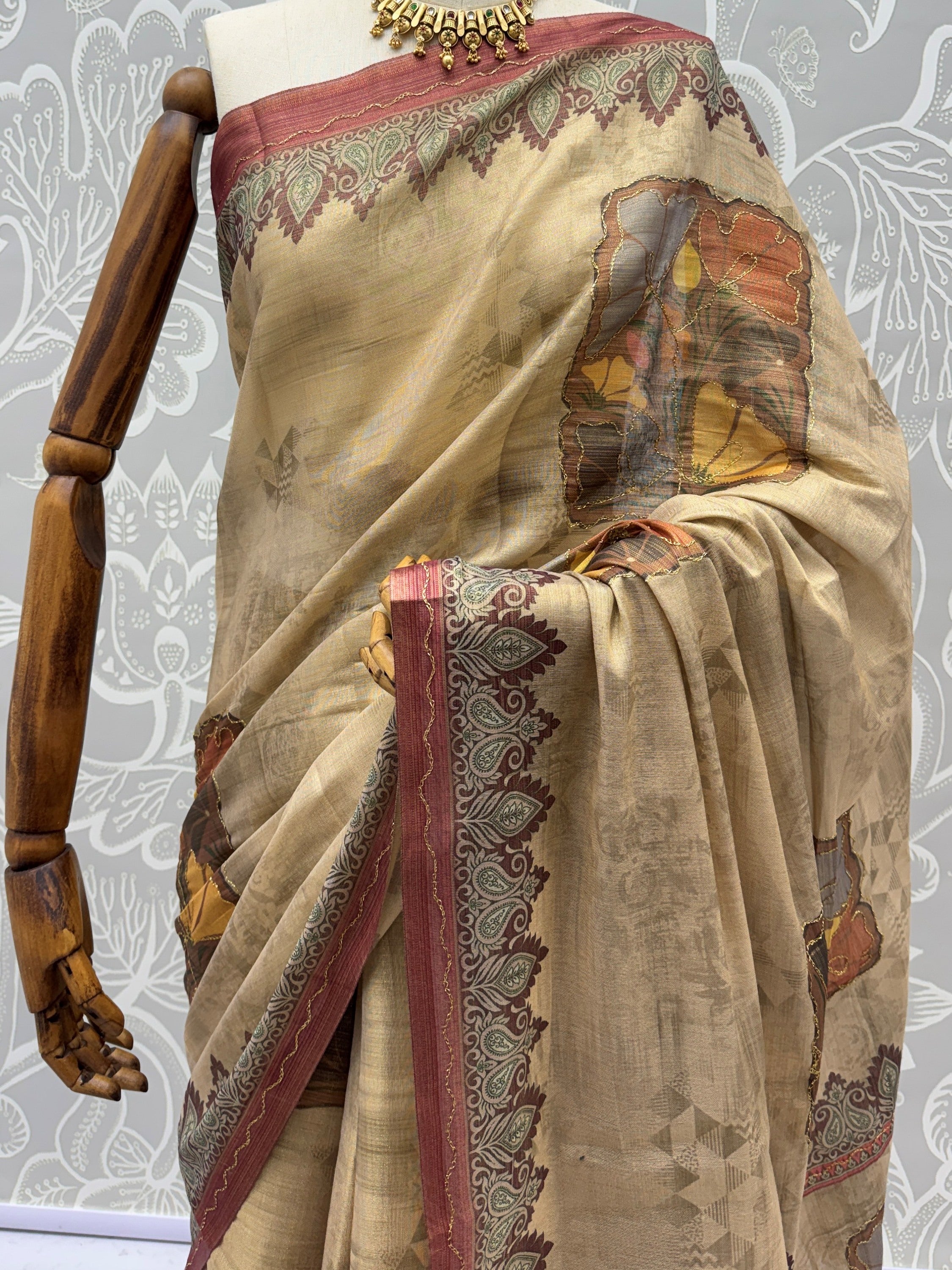 Glowing Beige Digital Printed Silk Festive Wear Saree With Blouse