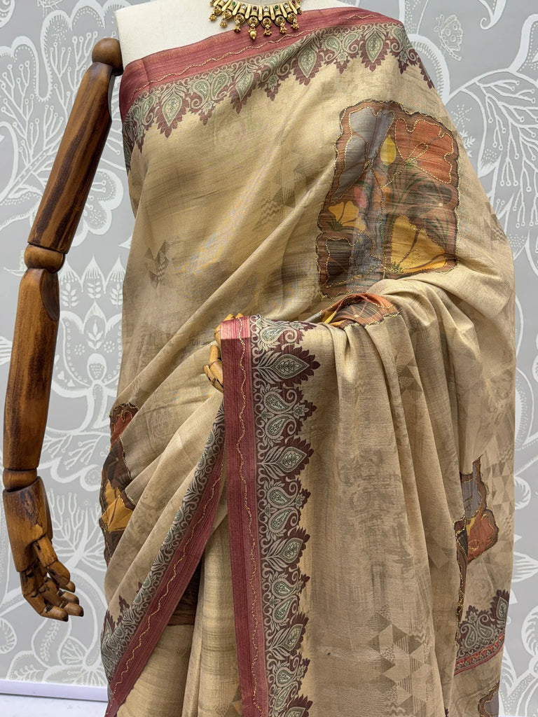 Glowing Beige Digital Printed Silk Festive Wear Saree With Blouse