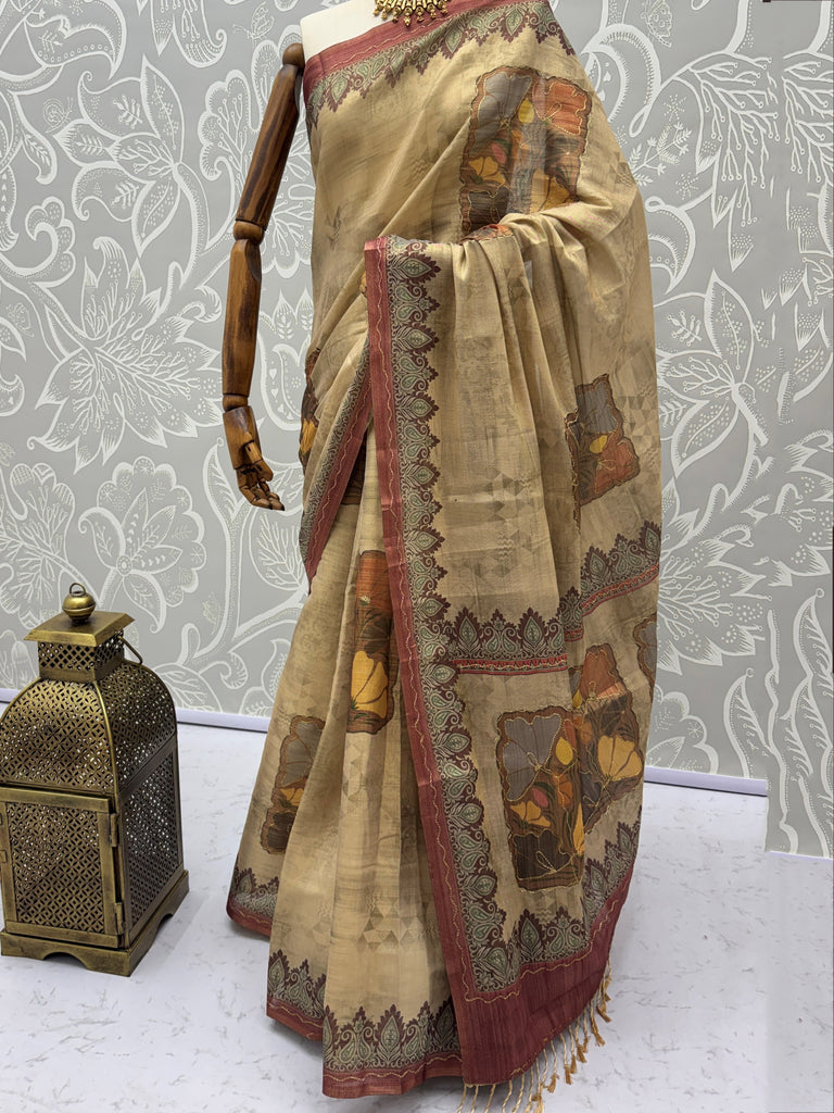 Glowing Beige Digital Printed Silk Festive Wear Saree With Blouse