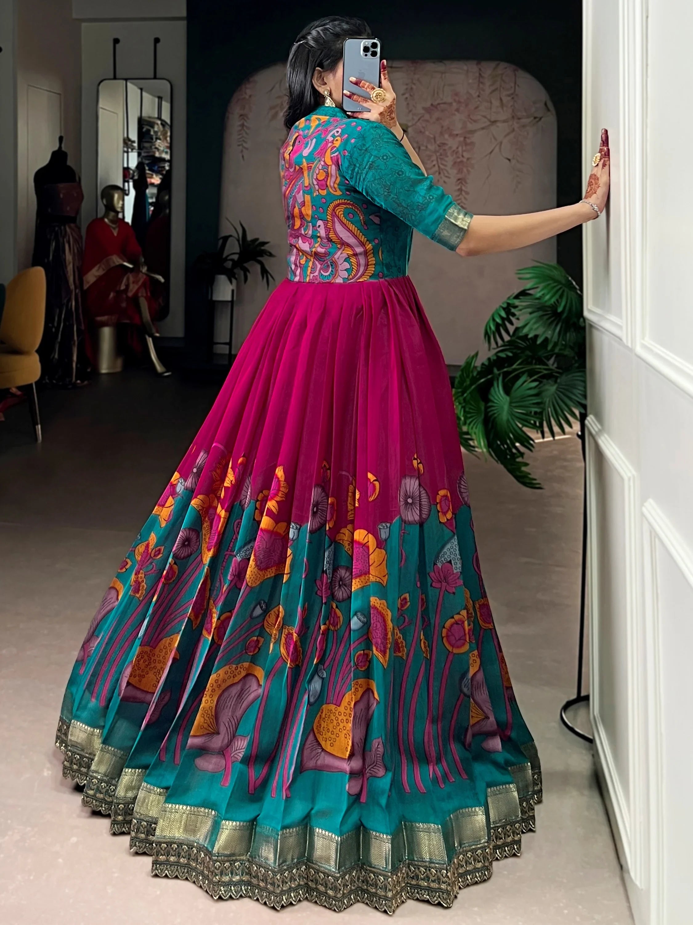 Enchanting Pink Floral Printed Silk Festival Wear Gown