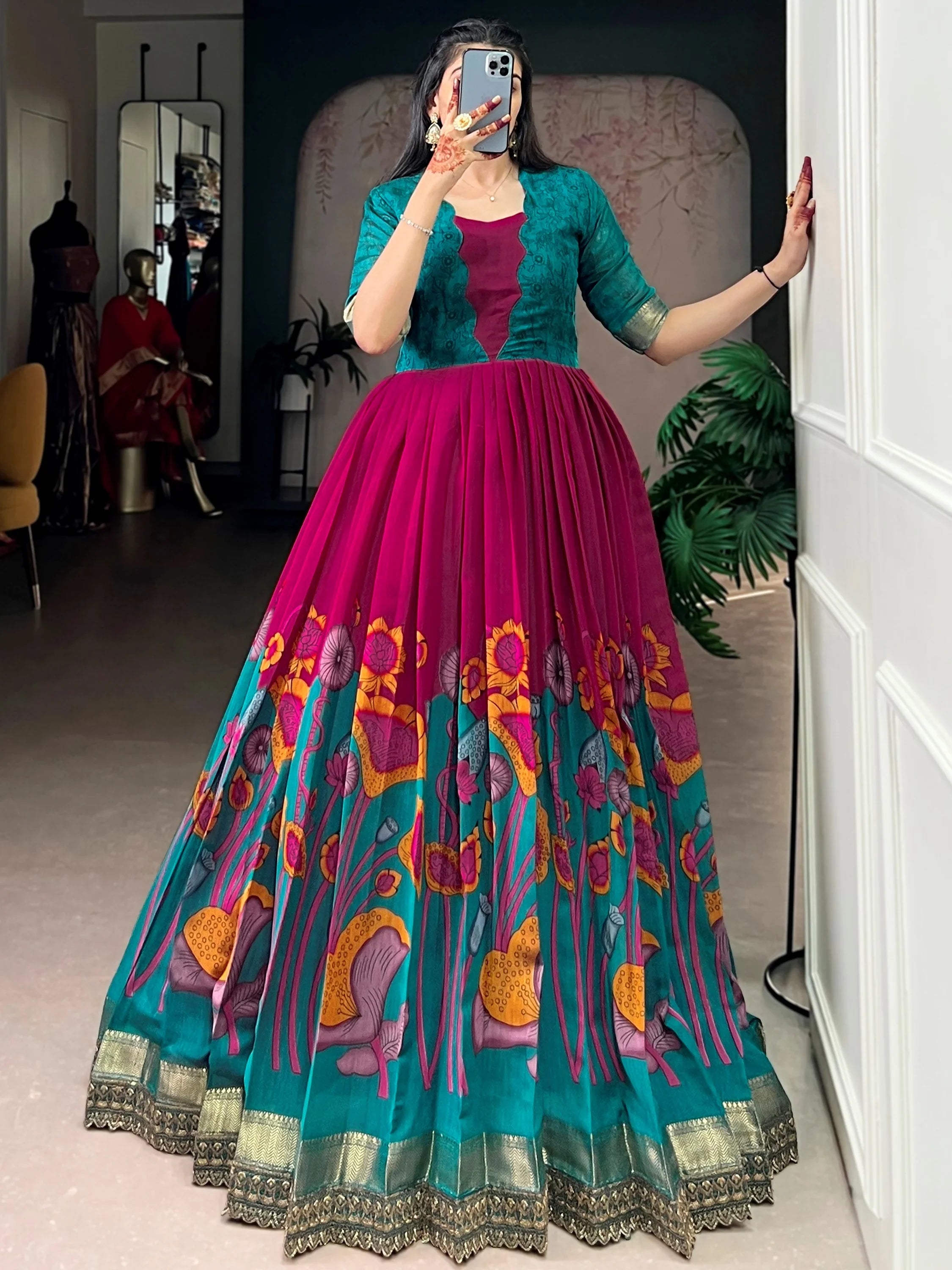 Enchanting Pink Floral Printed Silk Festival Wear Gown