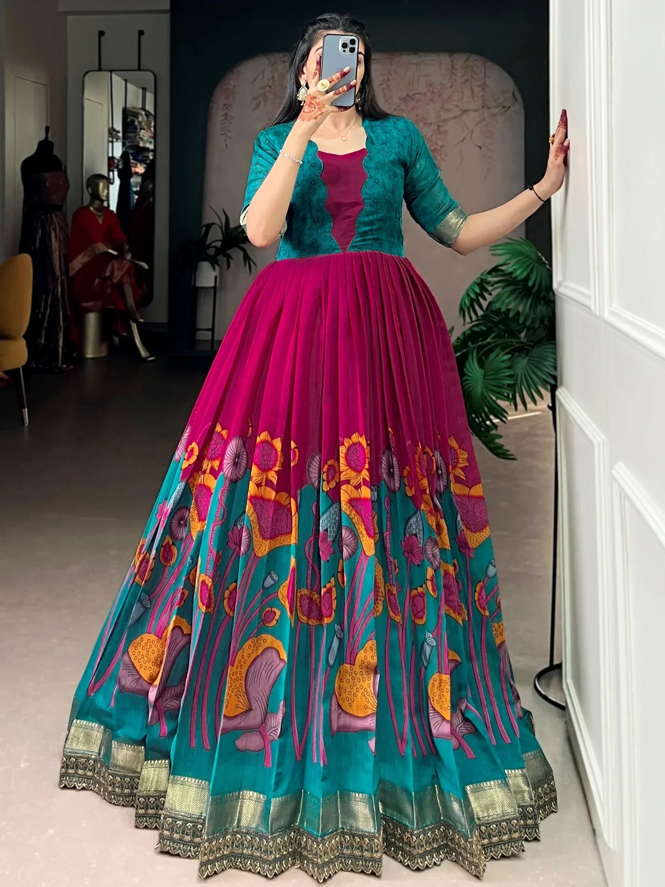 Enchanting Pink Floral Printed Silk Festival Wear Gown