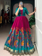 Enchanting Pink Floral Printed Silk Festival Wear Gown