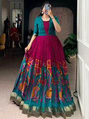 Enchanting Pink Floral Printed Silk Festival Wear Gown