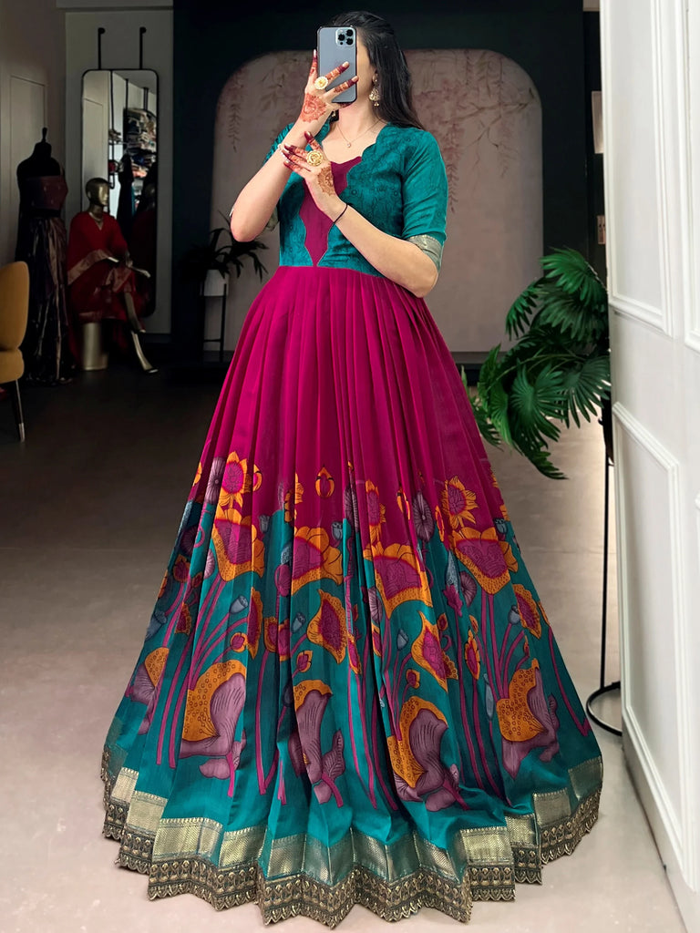 Enchanting Pink Floral Printed Silk Festival Wear Gown