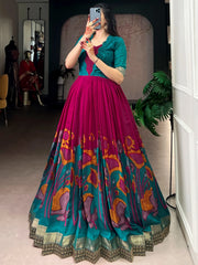 Enchanting Pink Floral Printed Silk Festival Wear Gown