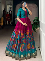 Enchanting Pink Floral Printed Silk Festival Wear Gown